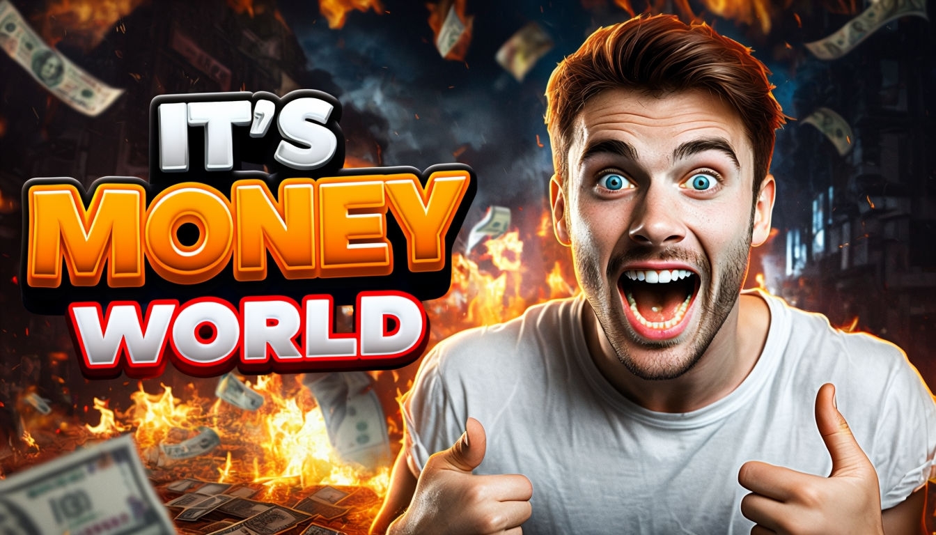 Excited Young Man Promoting 'It's Money World' with Dynamic Background Social Media Post