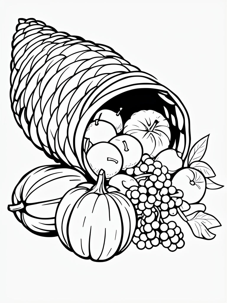 Stylized Thanksgiving Cornucopia with Spilling Fruit Coloring Page