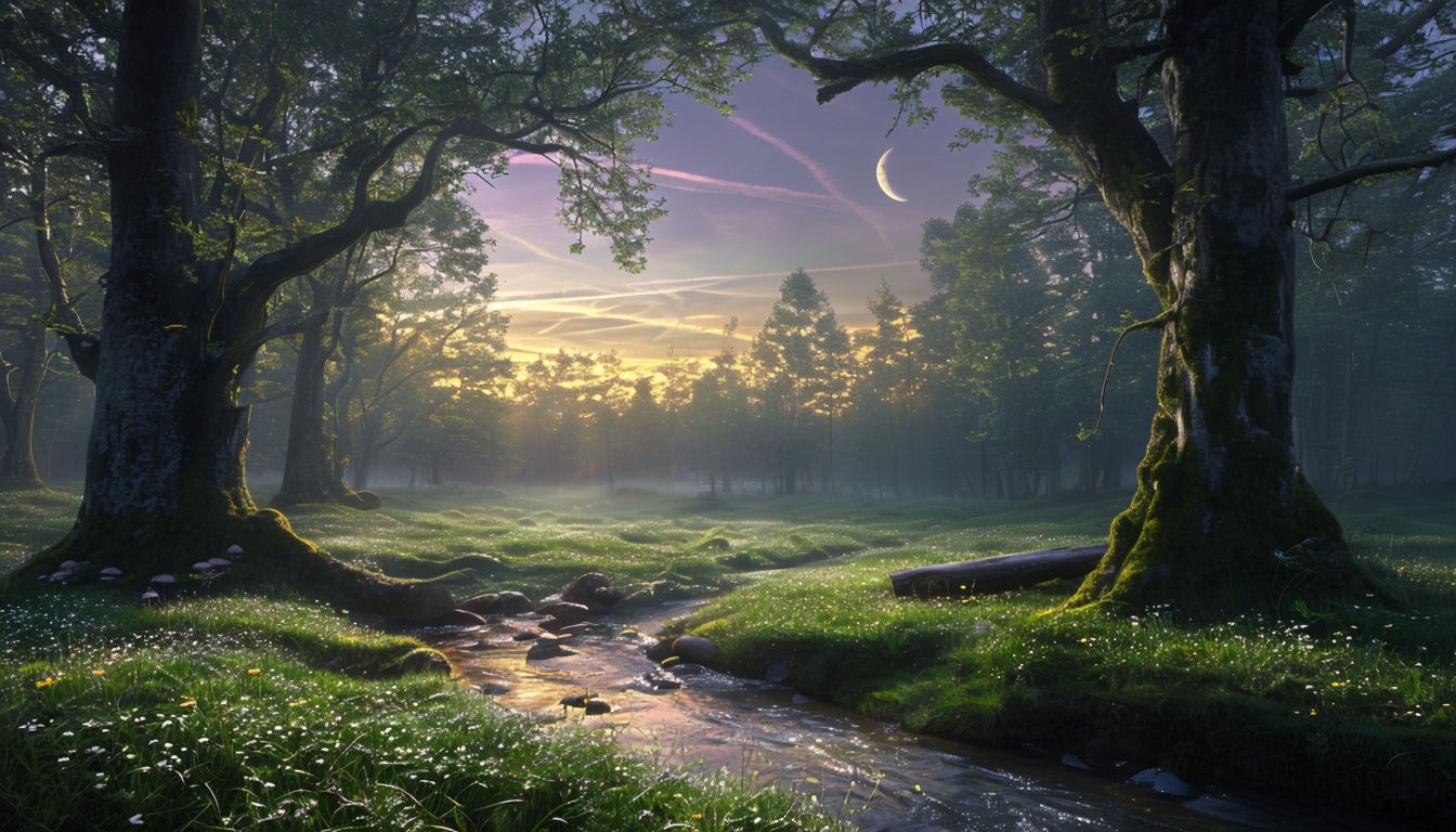 Serene Forest Dawn with Mist and Brook Photograph for Virtual Backgrounds