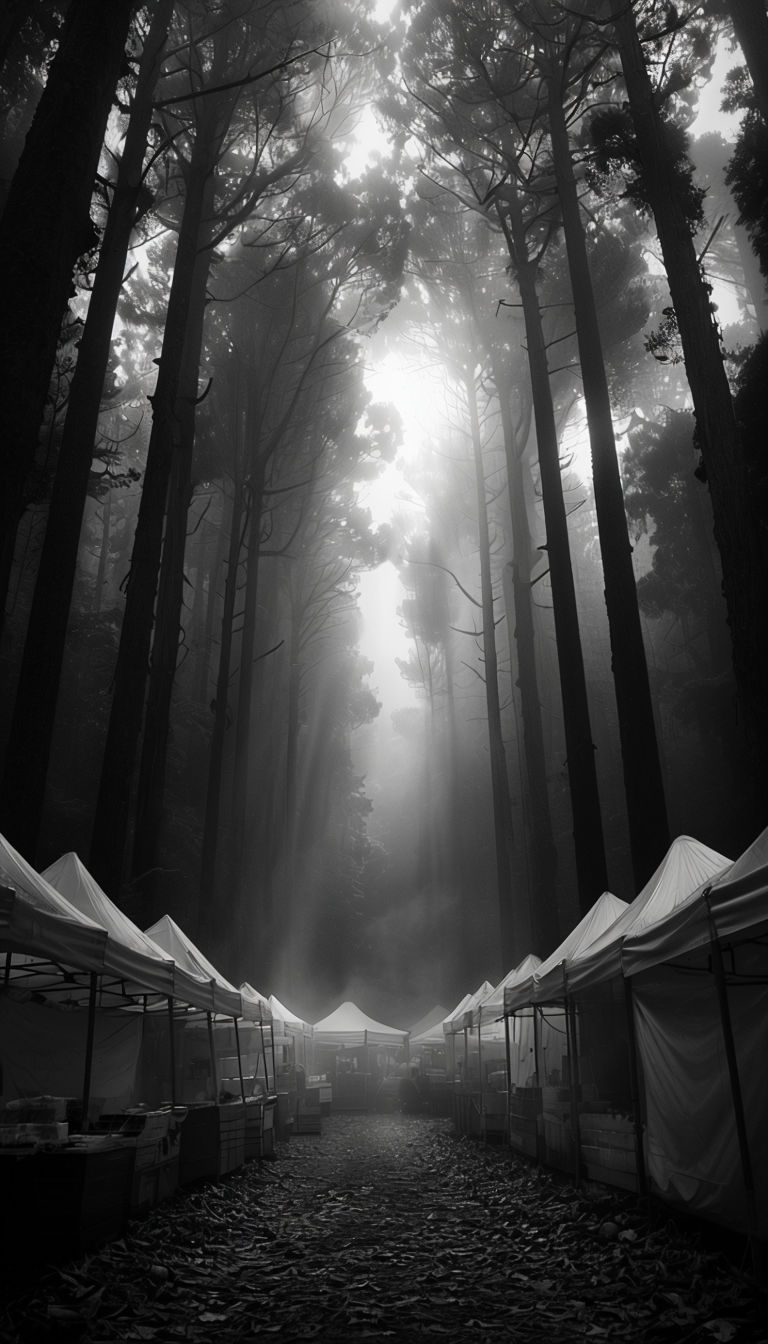 Serene Mystical Forest with Tents and Fog Photographic Artwork Mobile Wallpaper