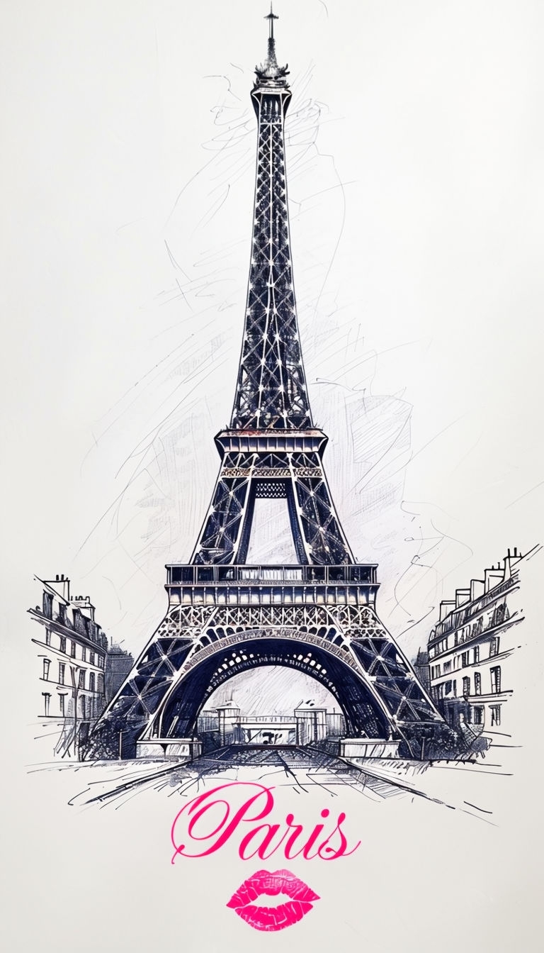 Detailed Blue Pencil Sketch of Eiffel Tower with Romantic Text Poster