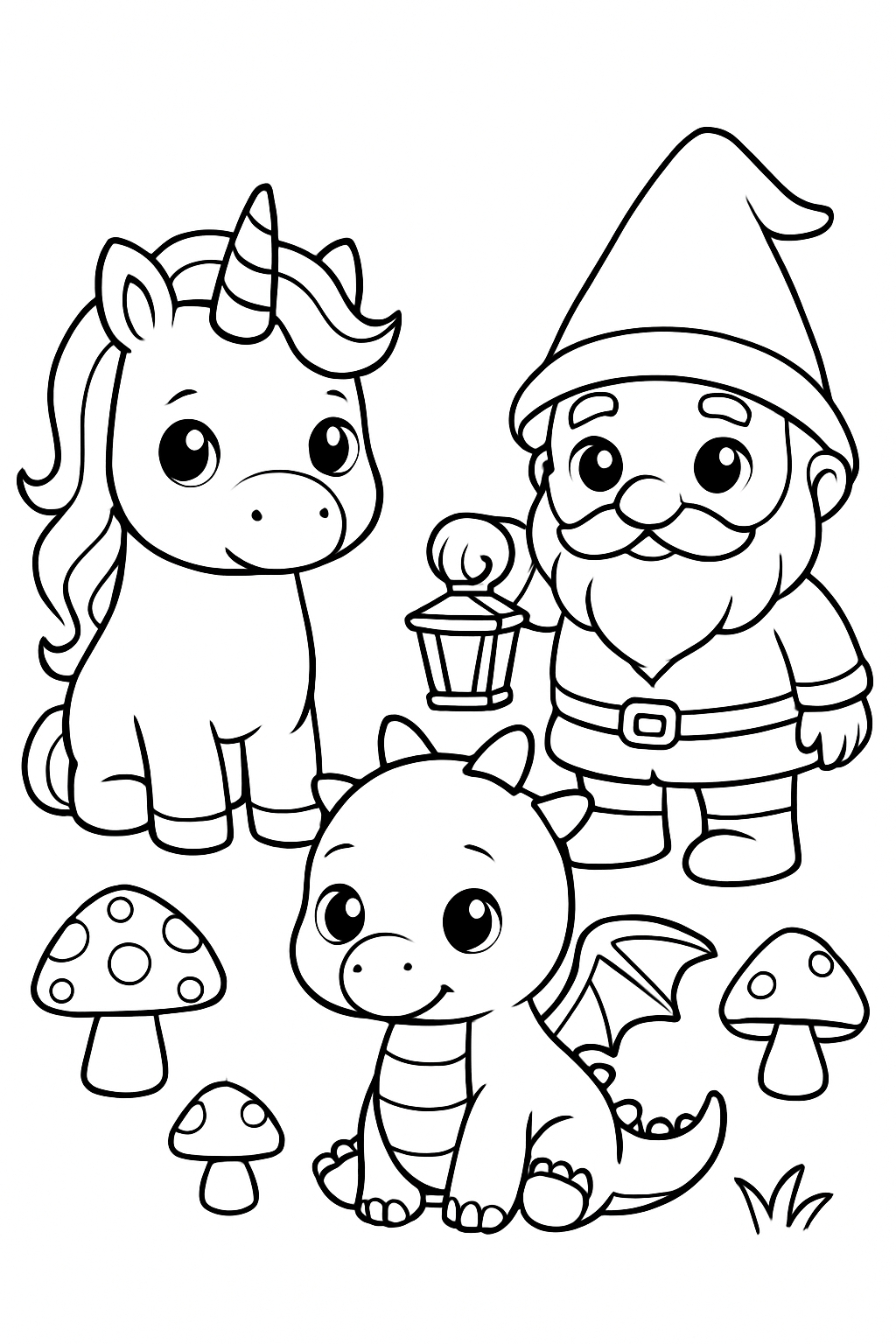 Whimsical Gnome Unicorn and Dragon Line Art for Coloring Book Pages