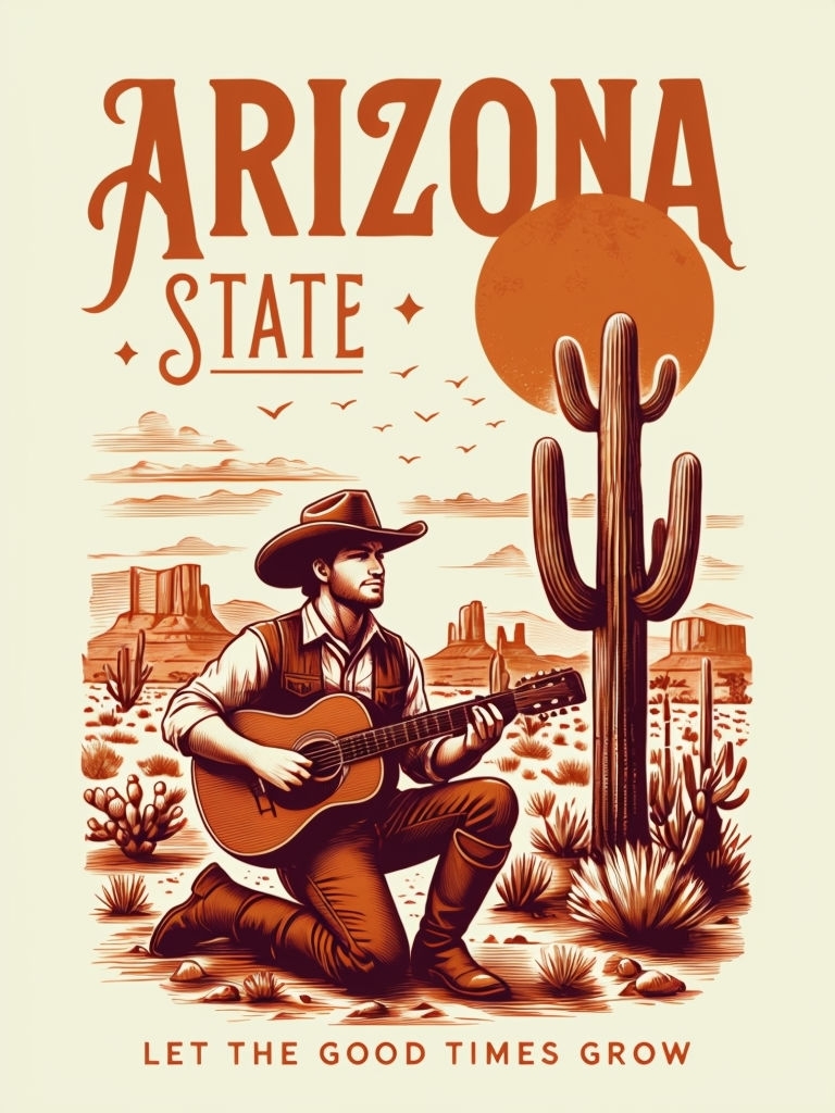 Vintage Cowboy Playing Guitar in Desert Scene Poster