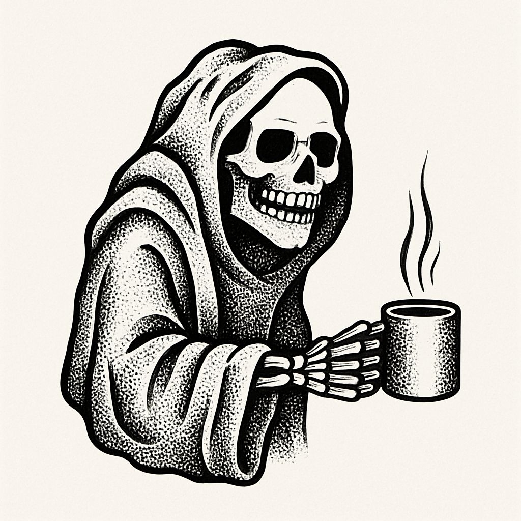 Grim Reaper Holding a Mug in Black and White Illustration Mug