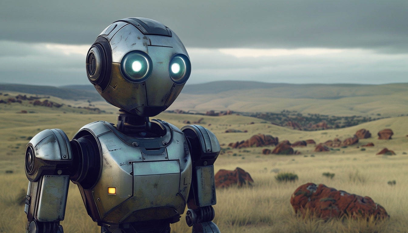 Futuristic Robot in Serene Natural Landscape Background Virtual Backgrounds