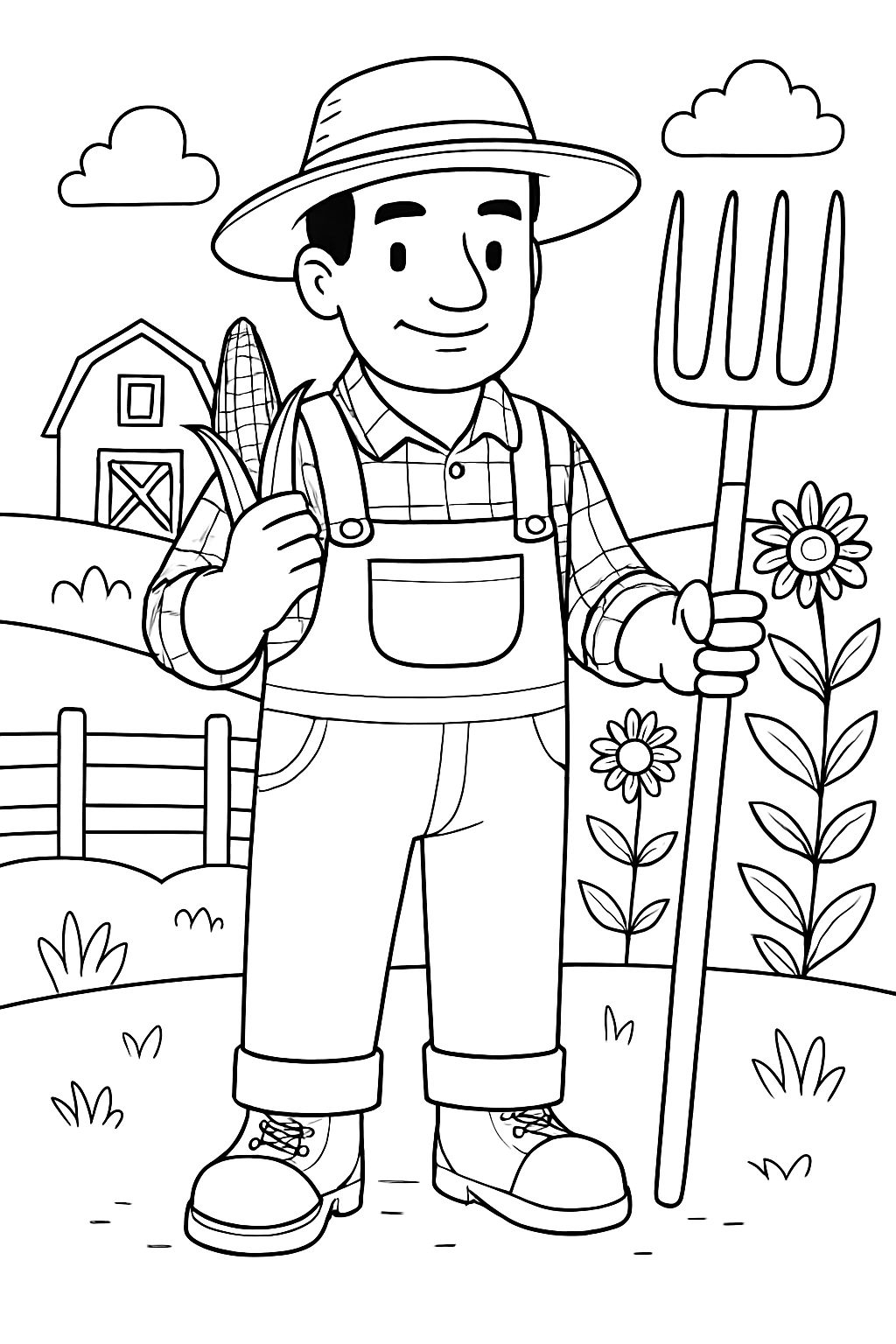 Cheerful Farmer in Rustic Landscape Line Drawing Coloring Page