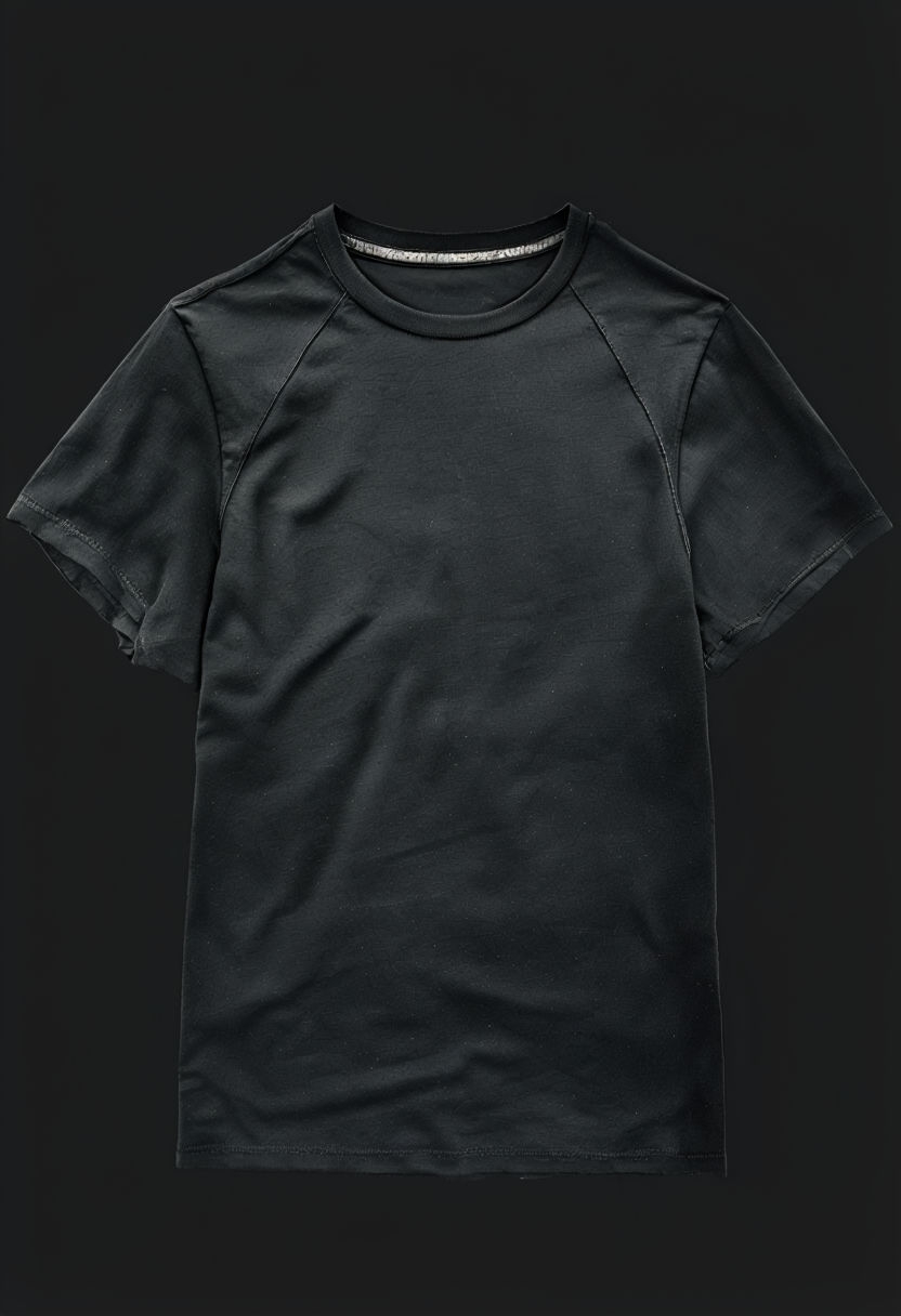 Textured Black T-Shirt with Round Neckline Flat Lay Mockup