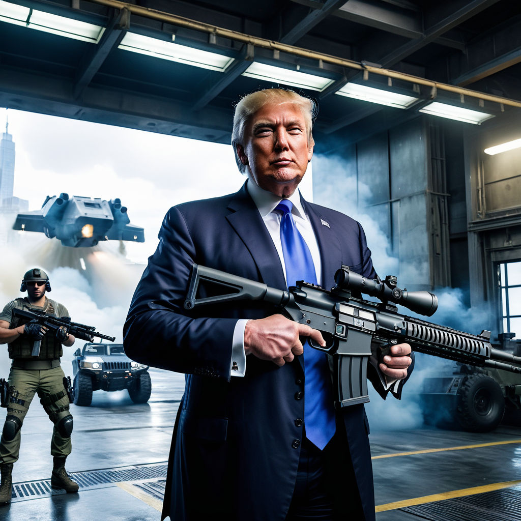 patent print of Donald Trump standing holding a ar15 full body shot