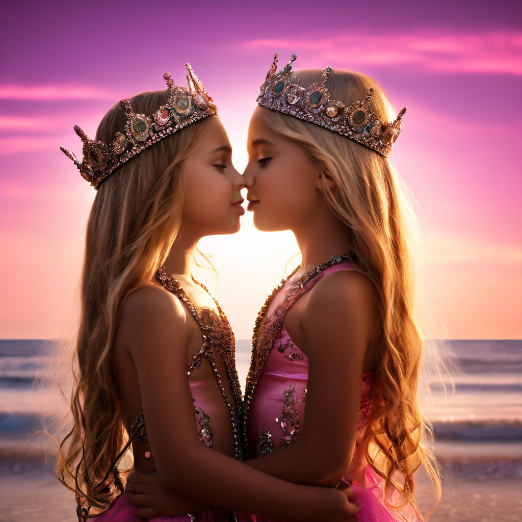 two princesses kissing in bikinis on the beach