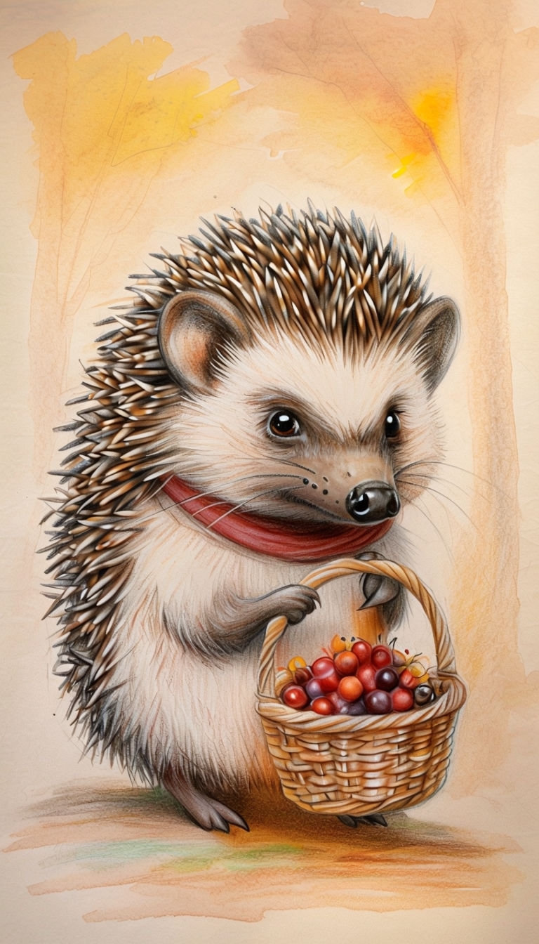 Charming Autumn Hedgehog with Berries Illustration for Mobile Wallpaper