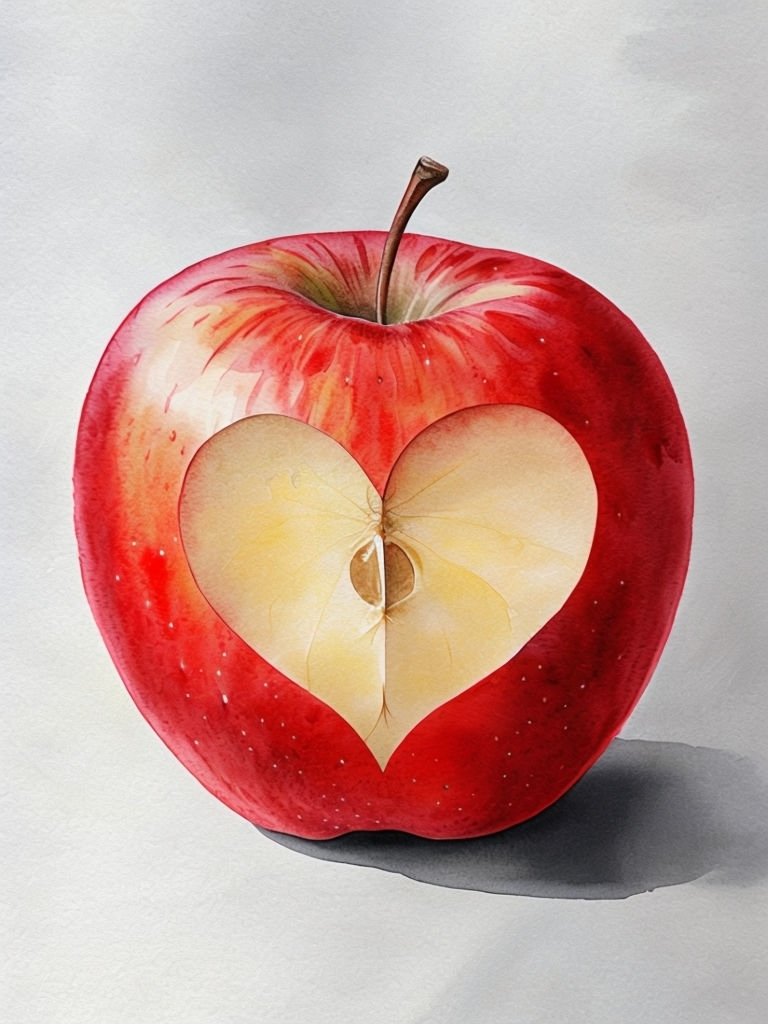 Red Apple Watercolor Illustration on Gray Background Art
