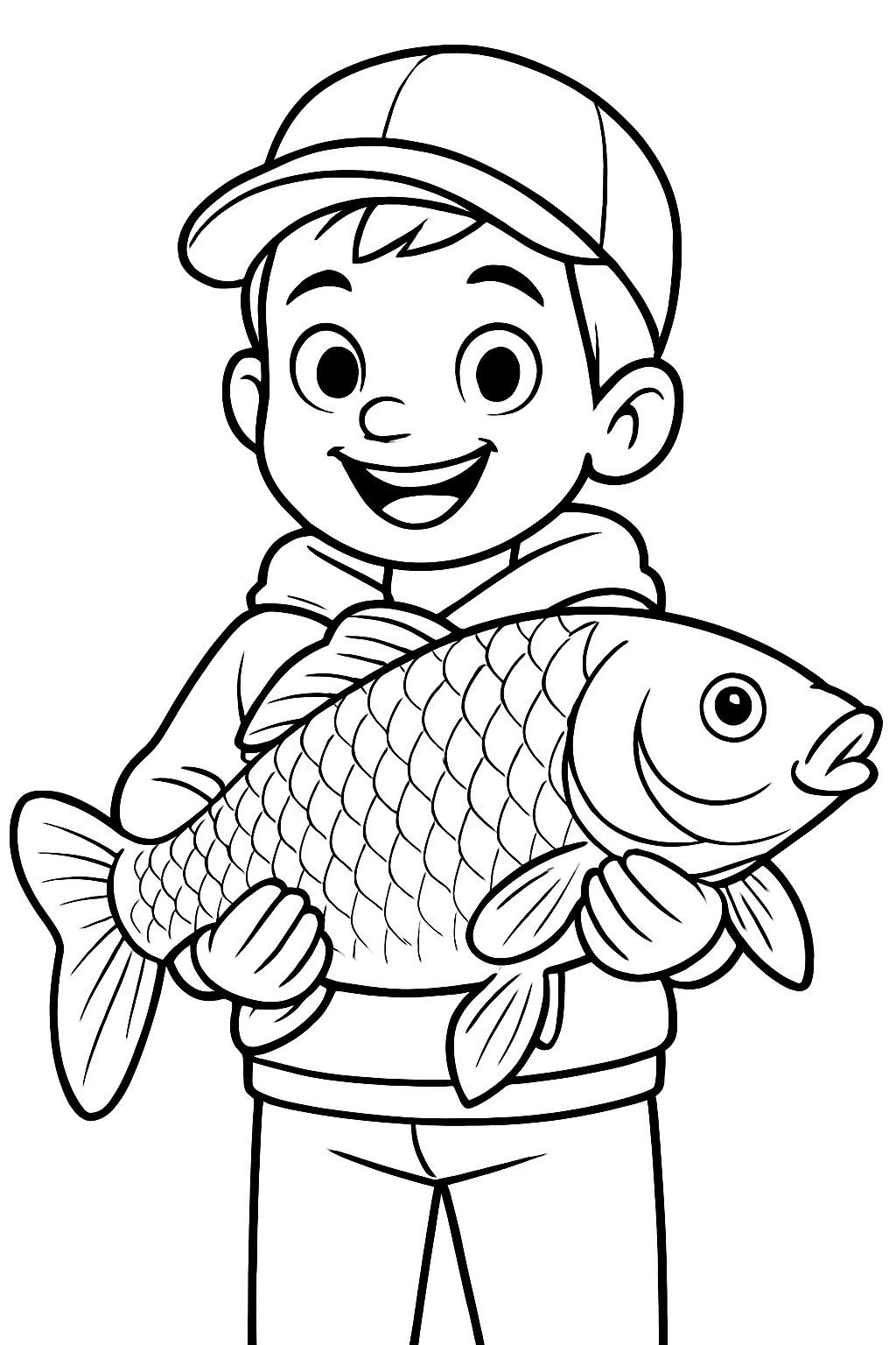 Happy Boy Holding a Large Fish Cartoon Illustration Coloring Book Pages