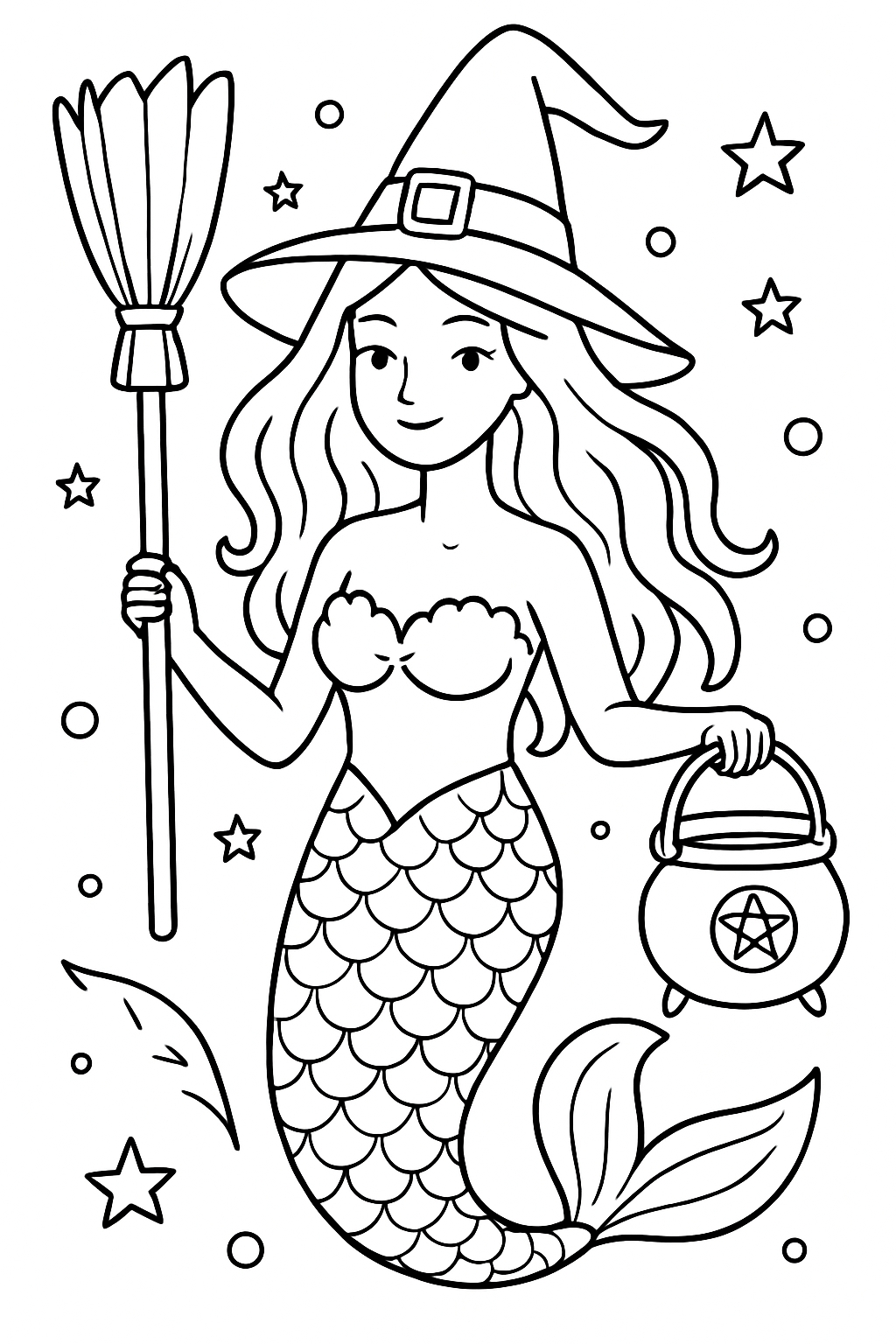 Whimsical Mermaid Witch Coloring Page with Magical Elements