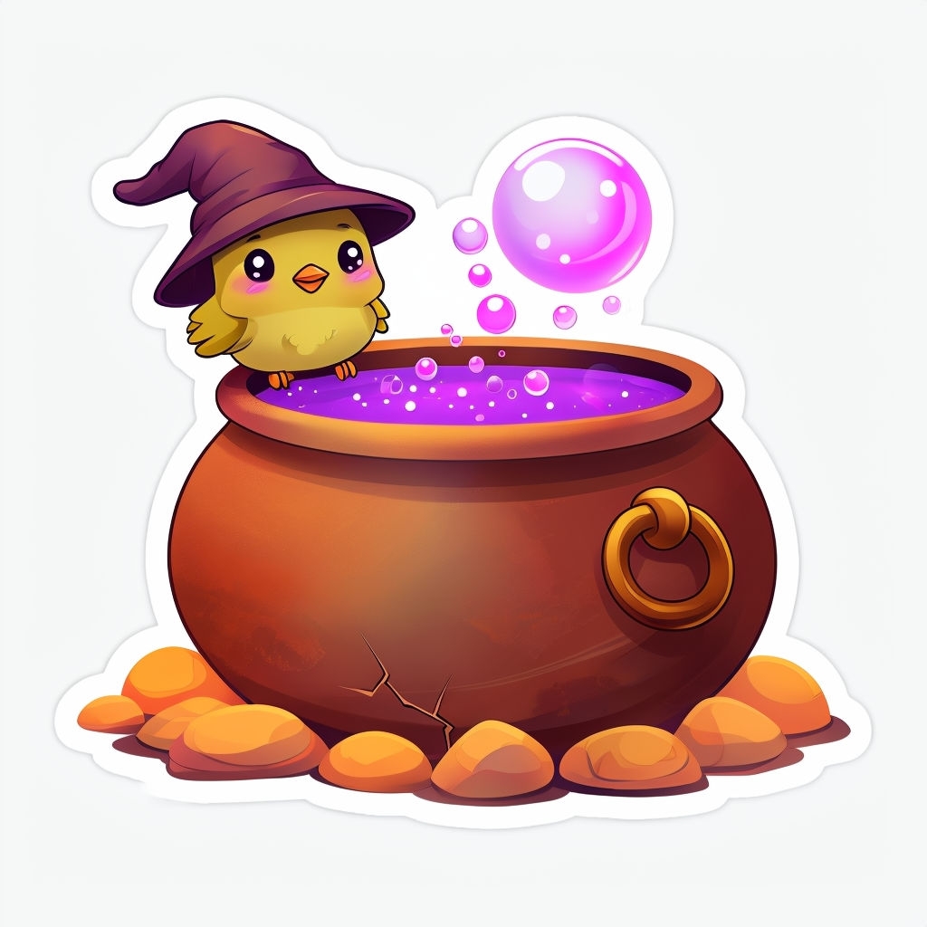 Whimsical Cartoon Cauldron with Magical Bubbles Sticker