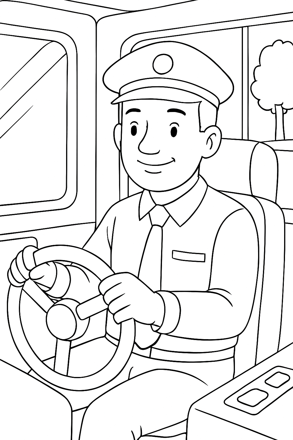 Friendly Bus Driver Cartoon Illustration for Coloring Book Pages