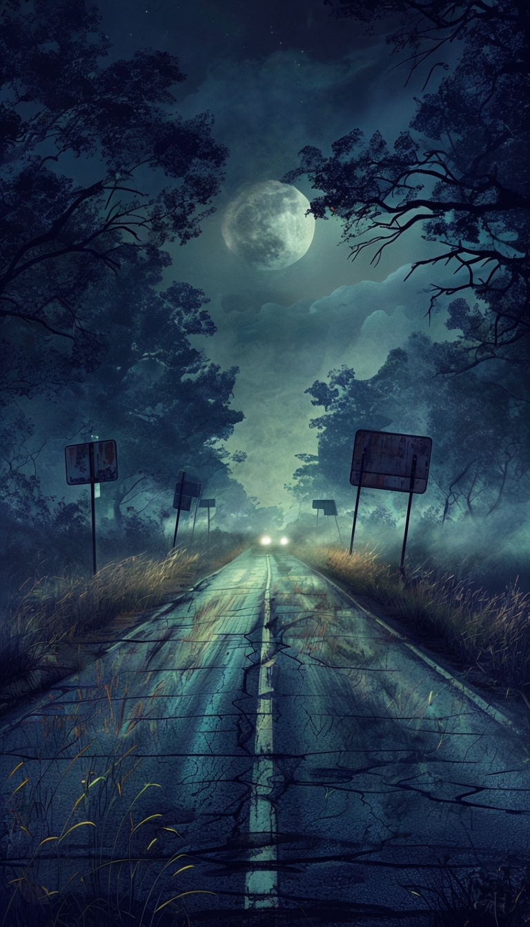 Eerie Abandoned Highway Moonlit Adventure Poster