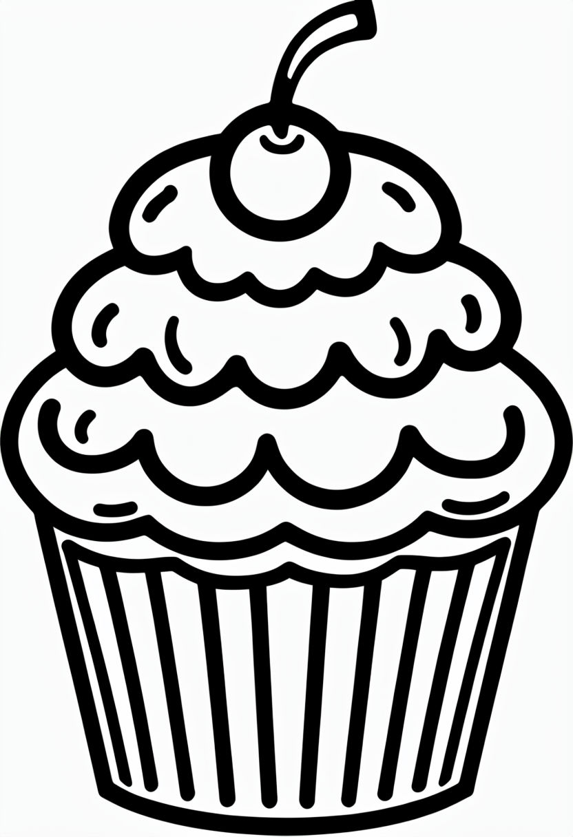 Cartoon-Style Cupcake Coloring Page with Bold Outlines Coloring Book Pages