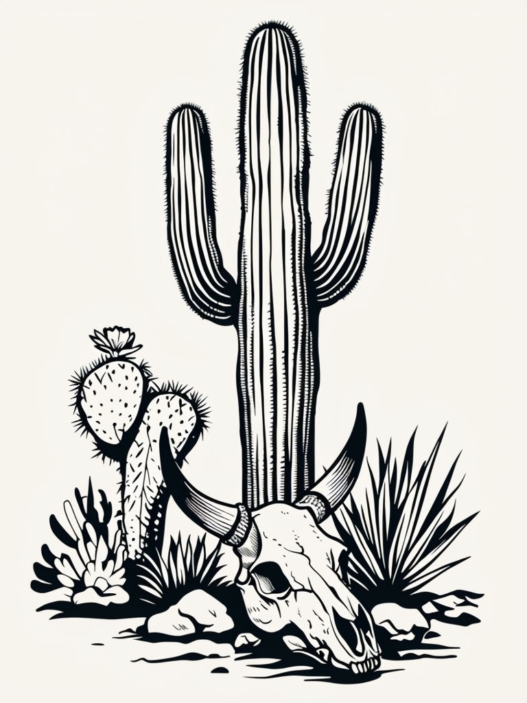 Desert Cactus and Skull Black and White Line Art Poster