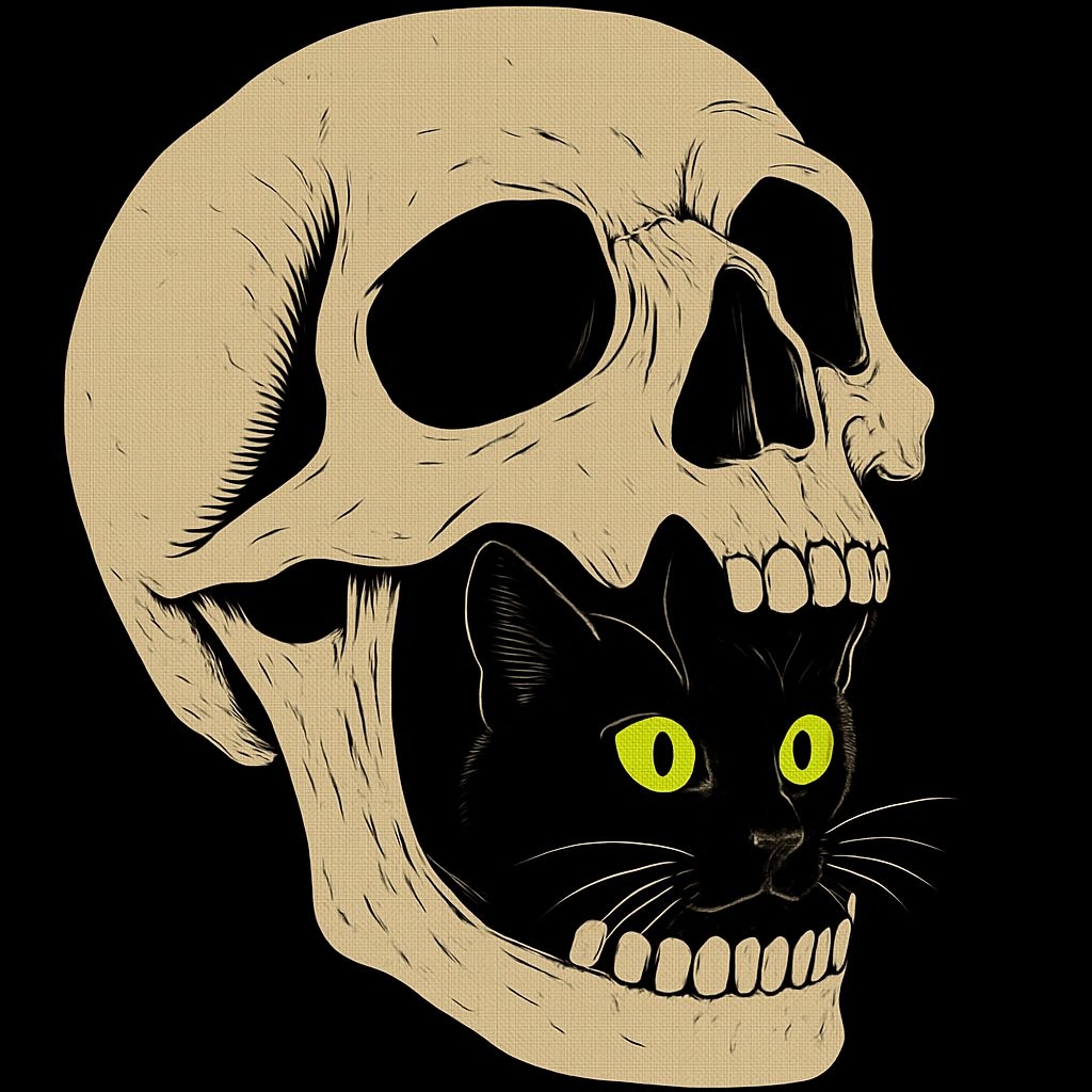 Surreal Beige Skull with Black Cat and Neon Eyes Art