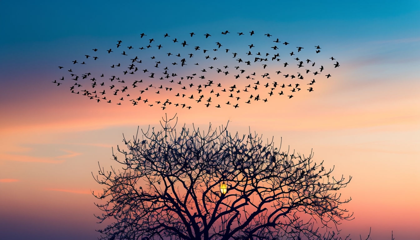 Serene Sunset with Birds and Lantern Virtual Background