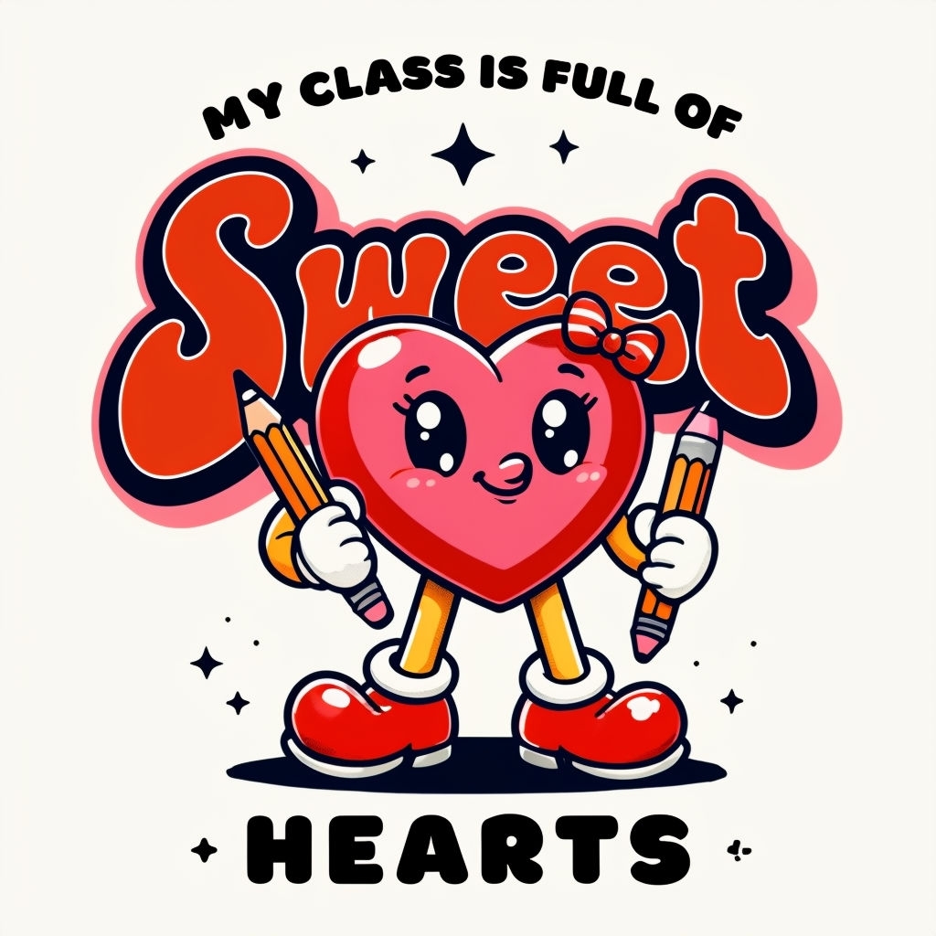 Cheerful Pink Heart Character with Pencils T-Shirt