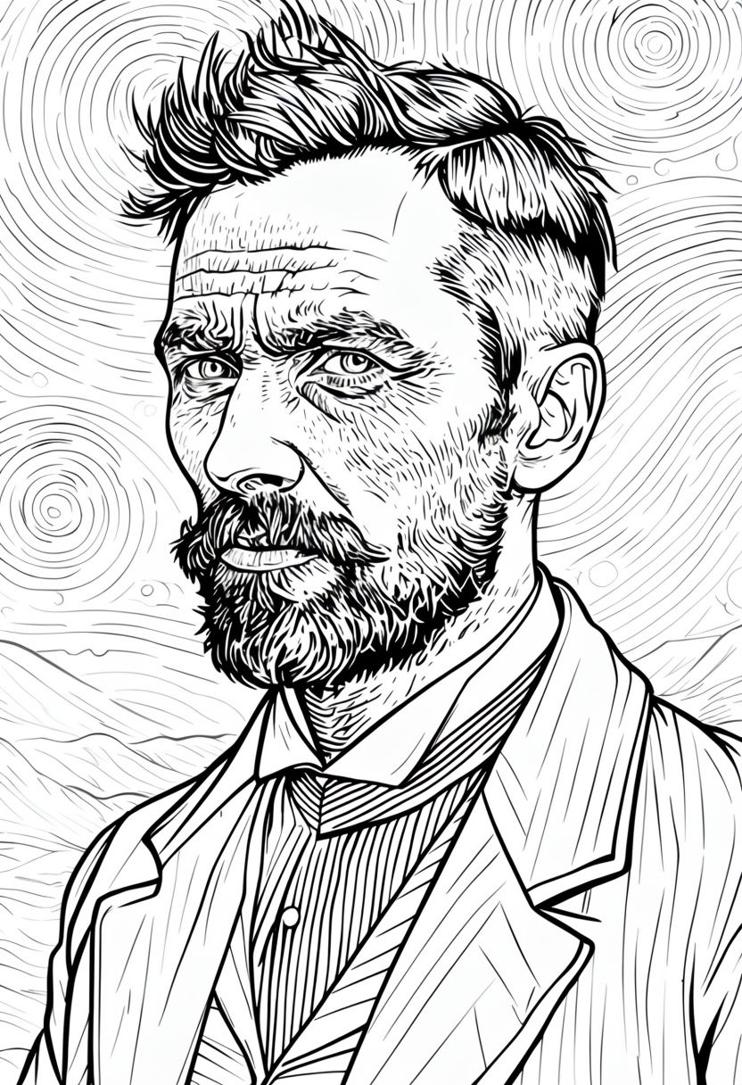 Vincent van Gogh Inspired Black and White Portrait Coloring Page