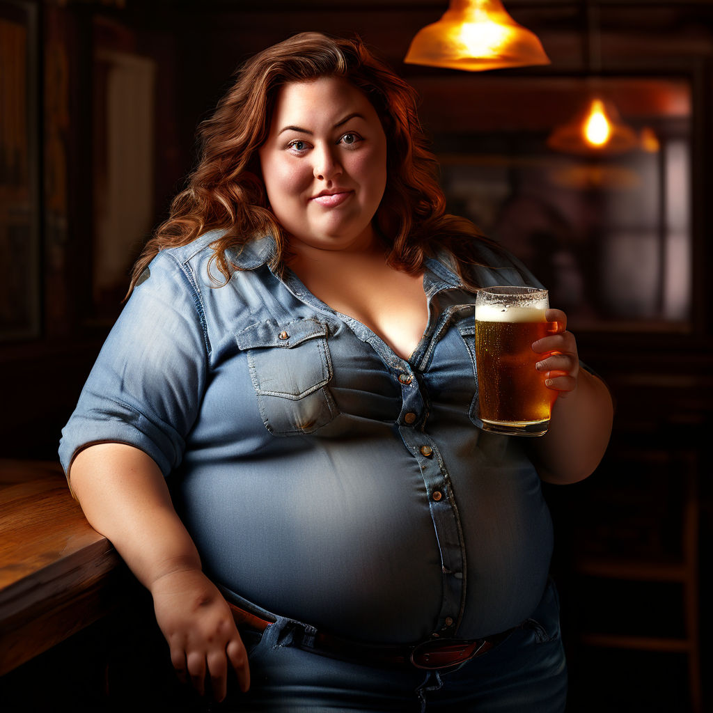 big cute woman with fat belly in a restaurant eating burguers