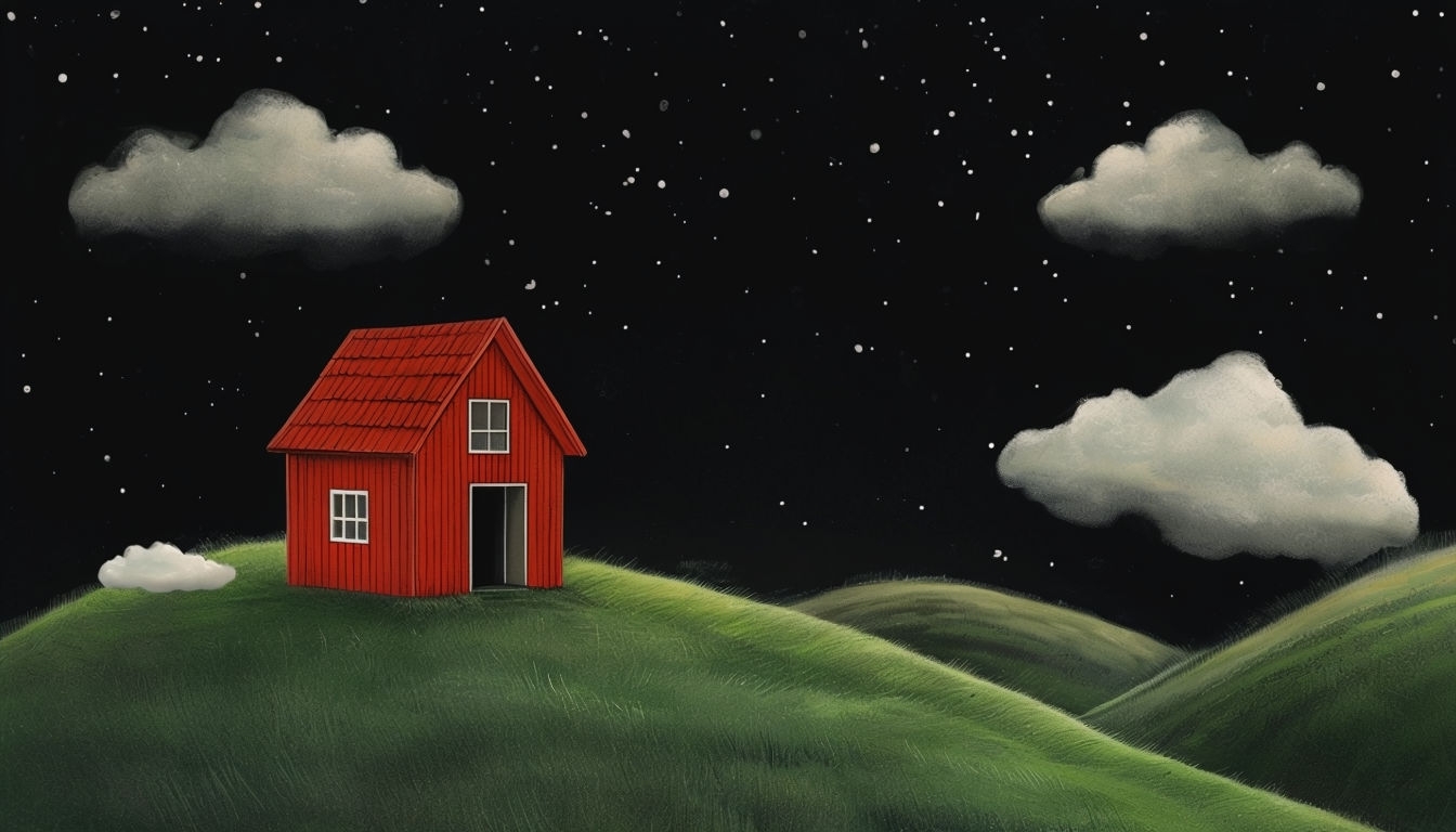 Vivid Red House on Green Hill with Starry Night Sky Background Virtual Backgrounds