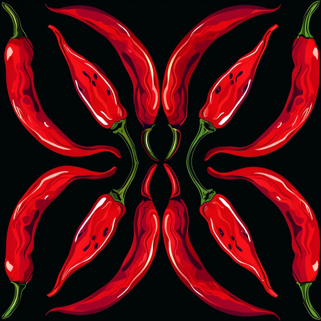 Vibrant Red Chili Peppers Symmetrical Pattern on Black Background Seamless Pattern