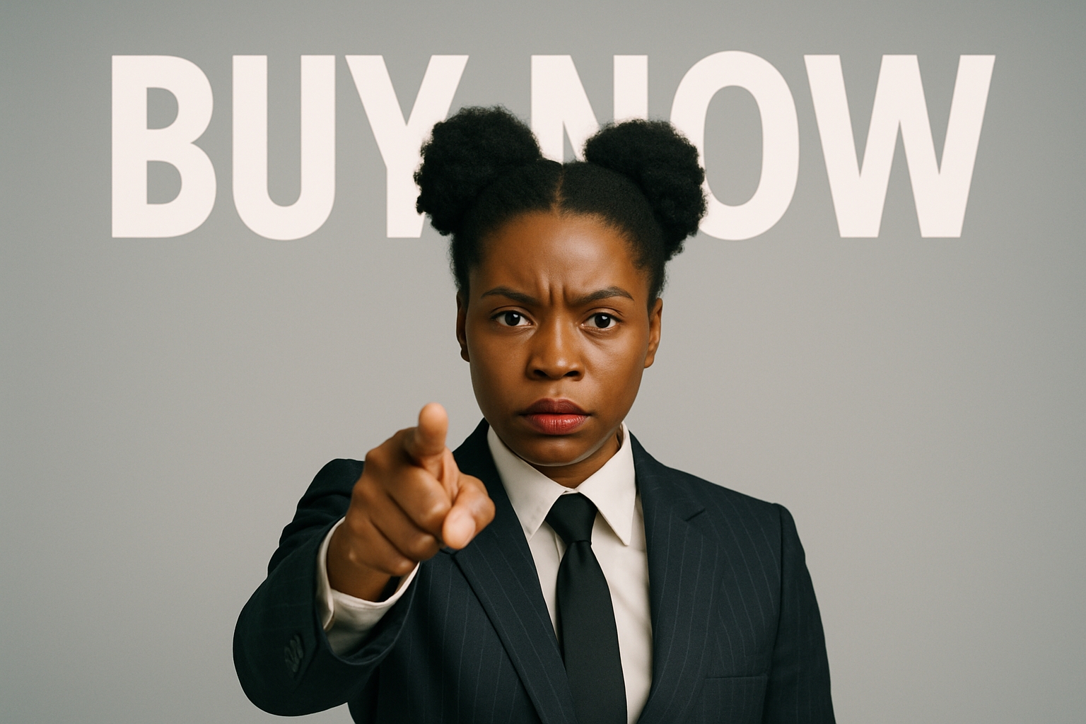 Confident Woman in Suit Pointing with Intense 'BUY NOW' Message Social Media Post