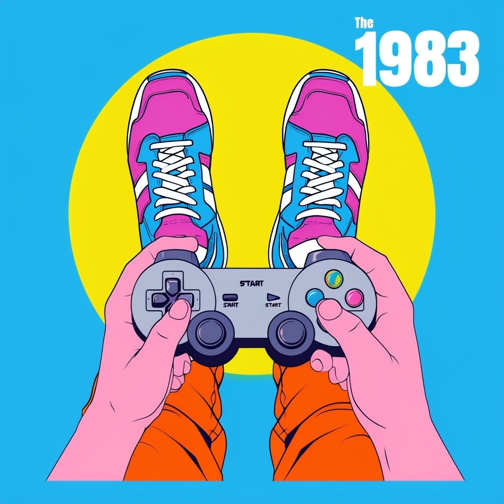 Retro 1980s Game Controller and Sneakers Illustration Sticker