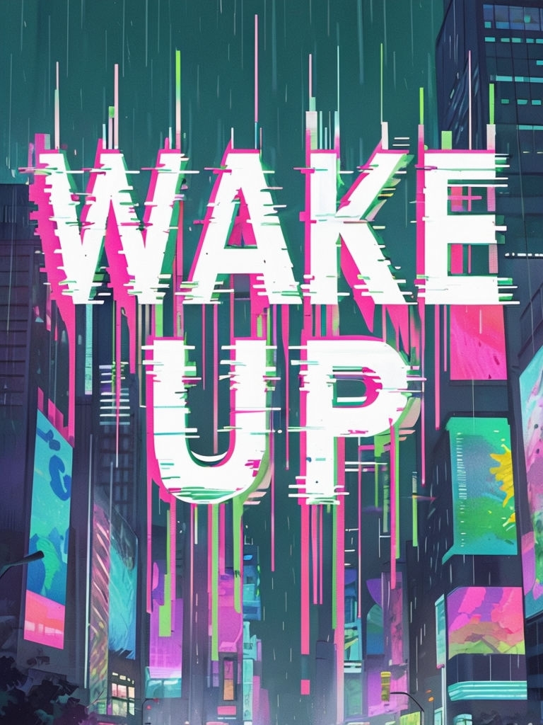 Vibrant Retro-Futuristic Cityscape Nightlife 'Wake Up' Poster