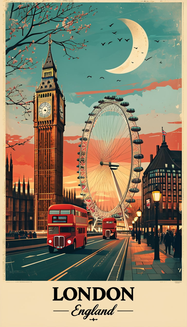 Nostalgic Vintage London Sunset Illustration Poster