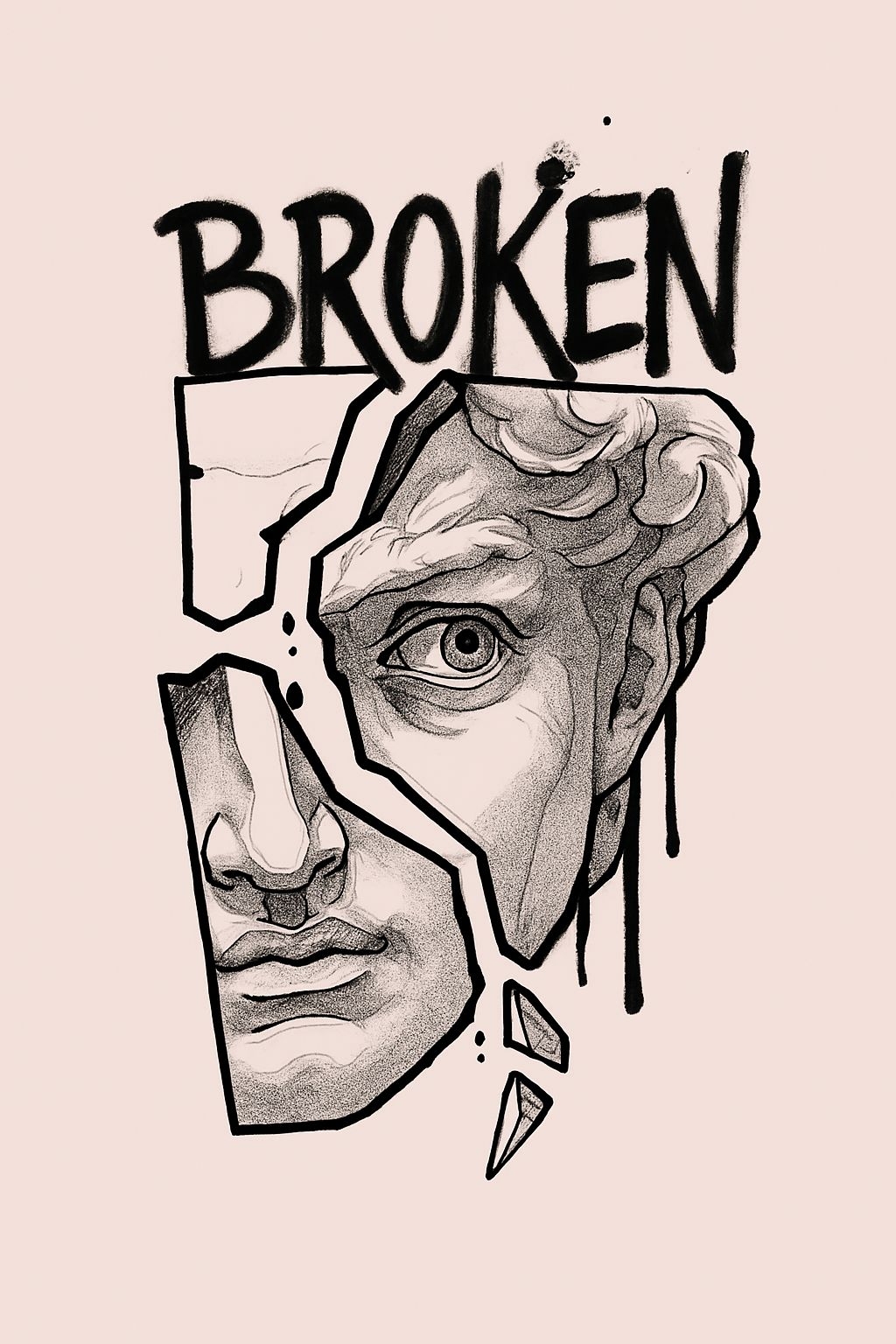 Broken Classical Sculpture Face with Edgy Graffiti T-Shirt