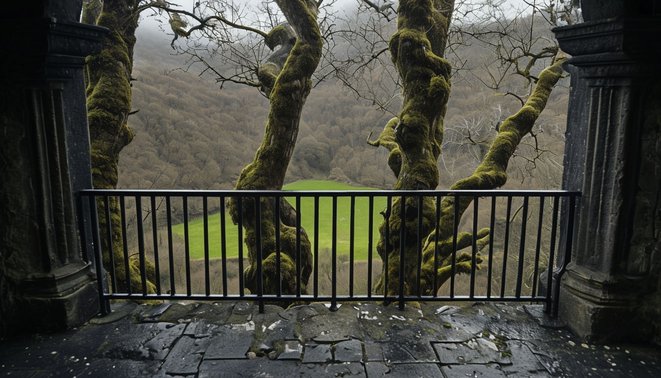 Serene Stone Balcony Overlooking Tranquil Natural Landscape Virtual Backgrounds