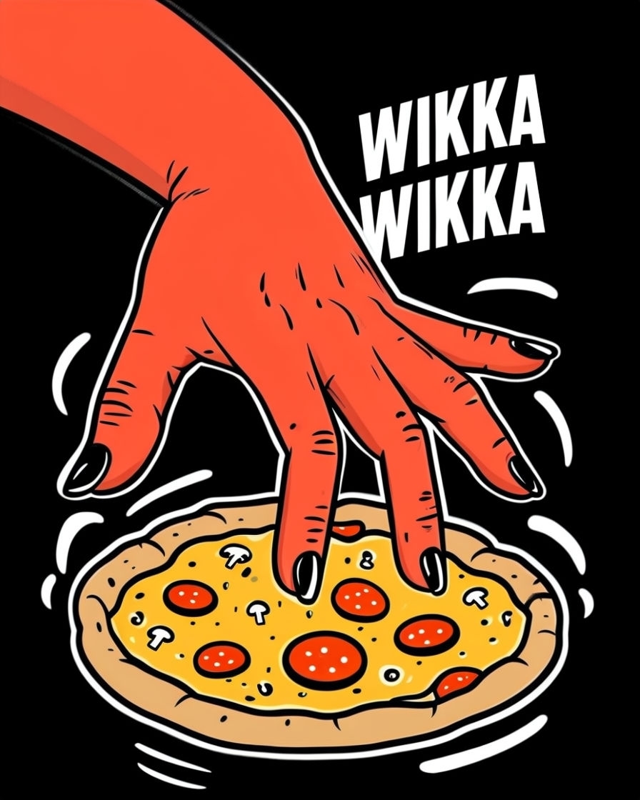 Vibrant Cartoon Hand Reaching for Pizza with Wikka Wikka Text Meme