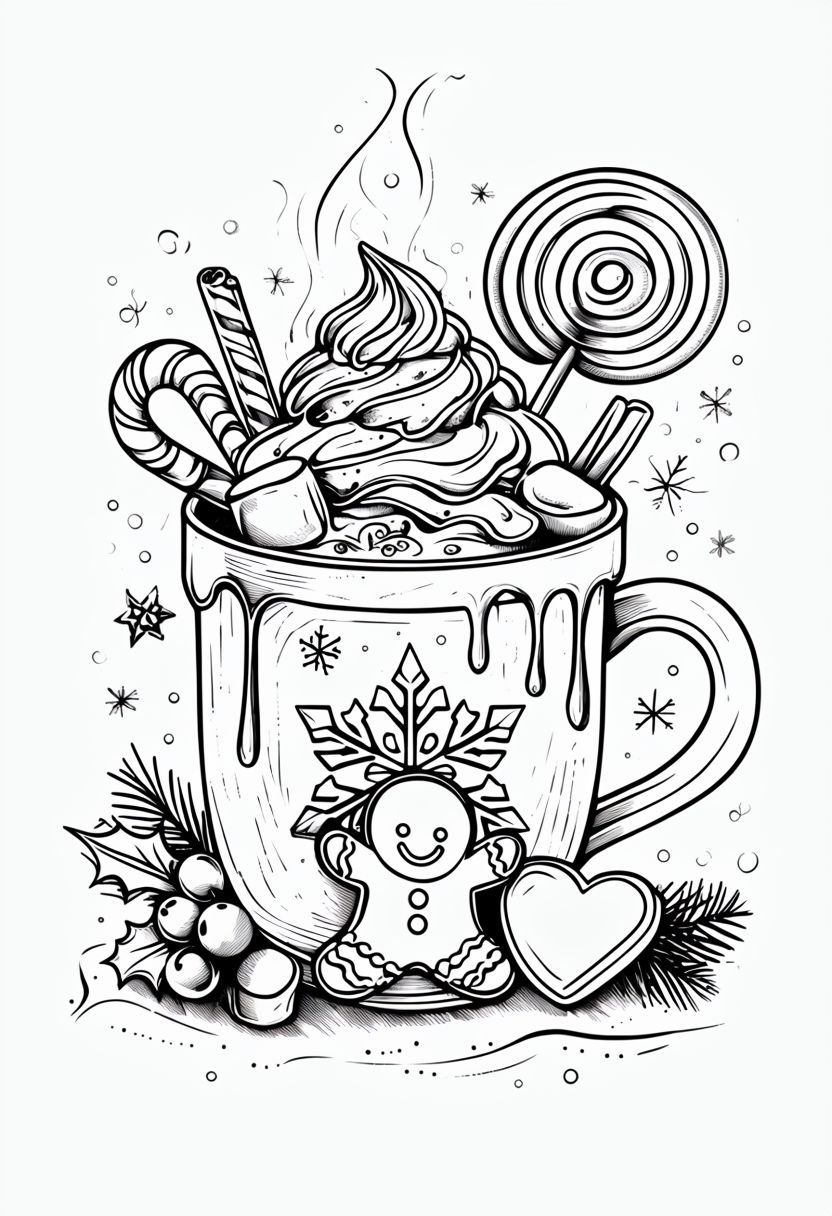 Festive Hot Chocolate Mug with Candy and Gingerbread Man Coloring Page