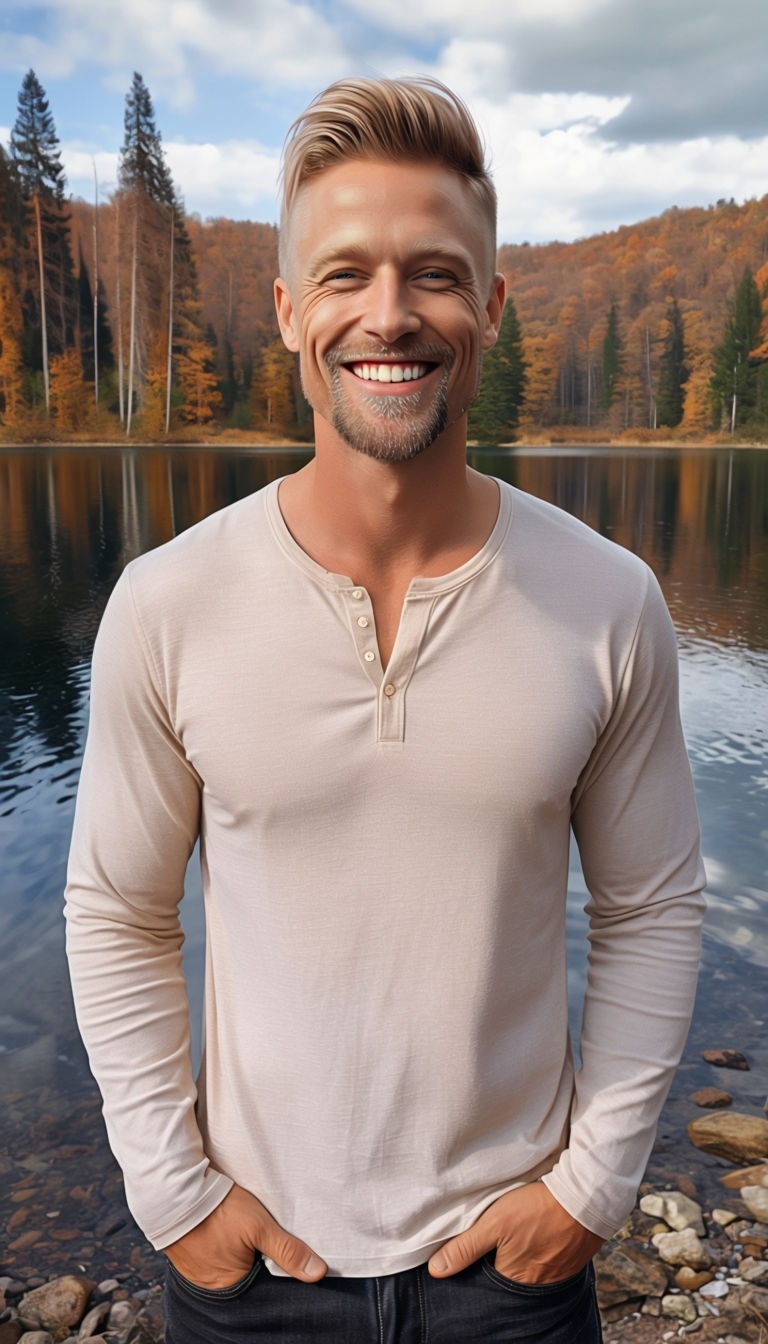 Cheerful Man Smiling by Calm Lake in Autumn Forest Photo