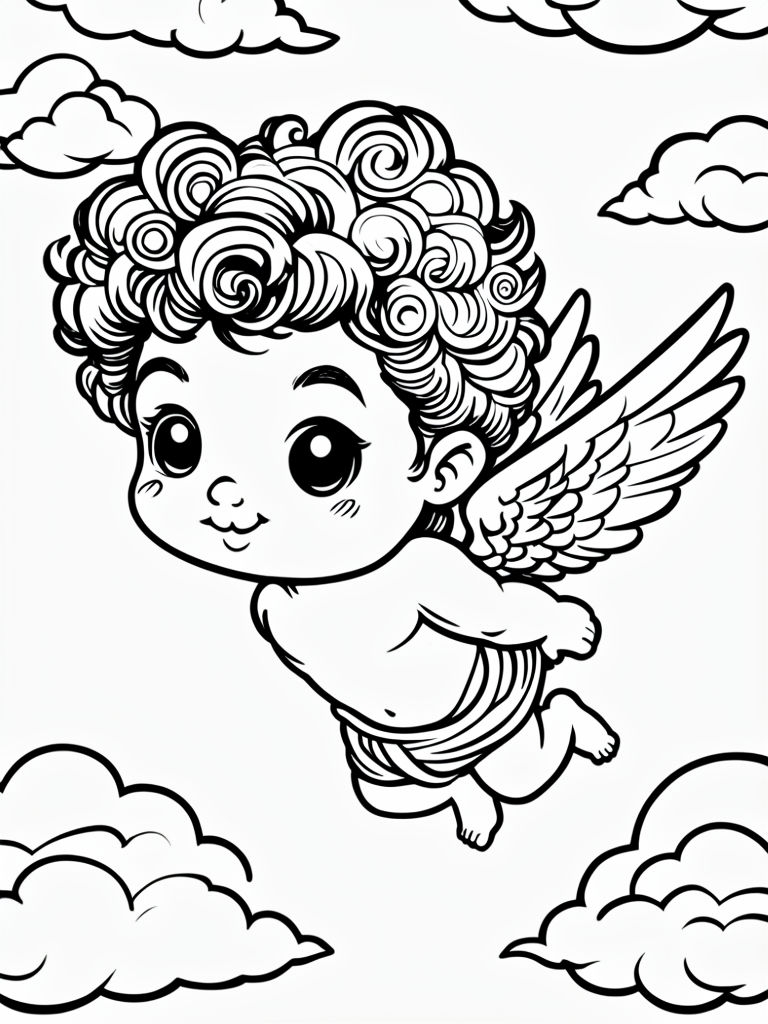 Cute Black and White Cartoon Cupid Character Coloring Page