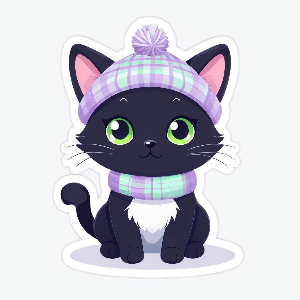 Cute Cartoon Black Cat with Plaid Hat and Scarf Sticker