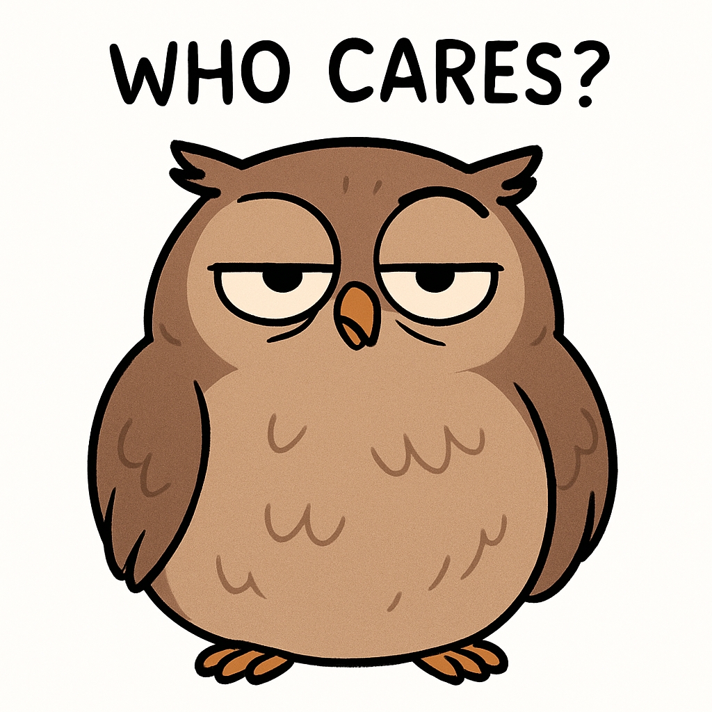 Chubby Cartoon Owl with Indifferent Expression and Humor Mug
