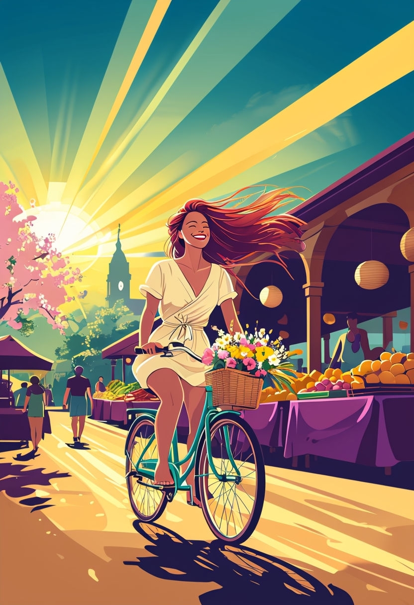 Joyful Woman Riding Teal Bicycle in Vibrant Marketplace Art