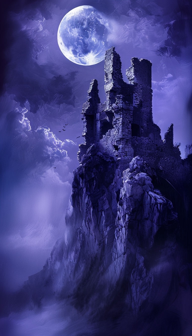 Dramatic Castle Ruin on Cliff Under Moonlight Mobile Wallpaper
