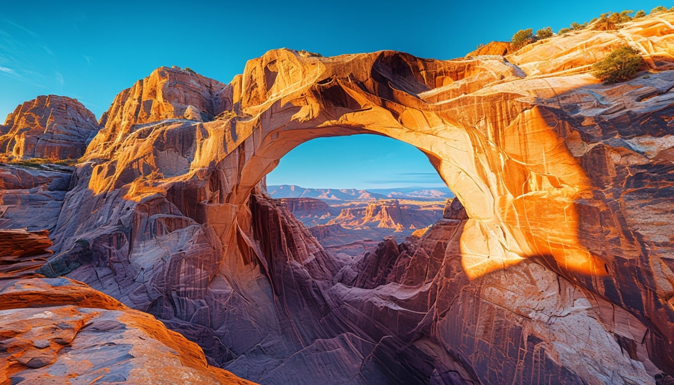 Majestic Natural Stone Arch in a Sunlit Canyon Background