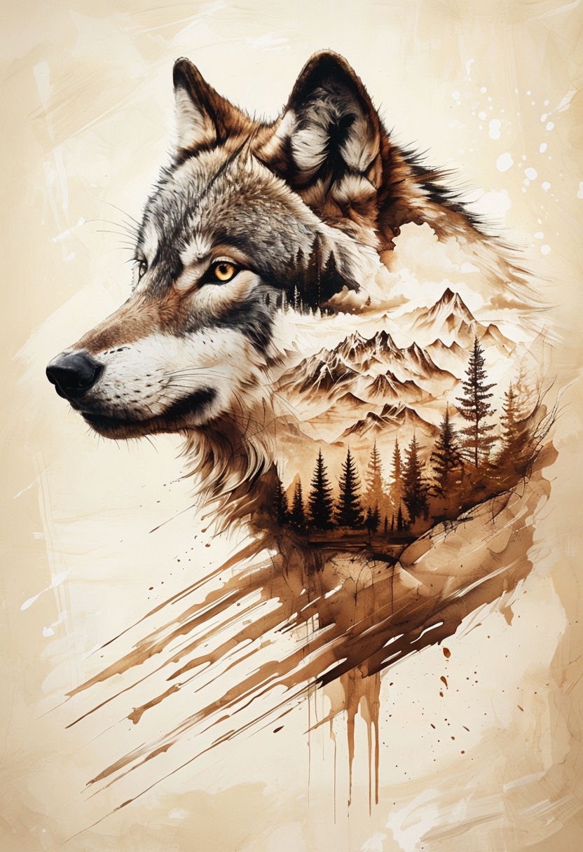 Intricate Wolf Head Illustration with Mountain Landscape Art