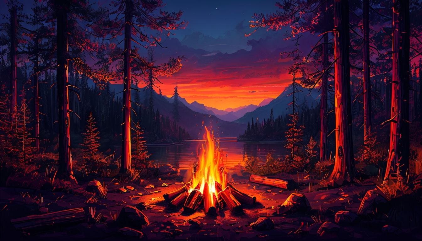 Tranquil Wilderness Scene with Bonfire and Night Sky Background