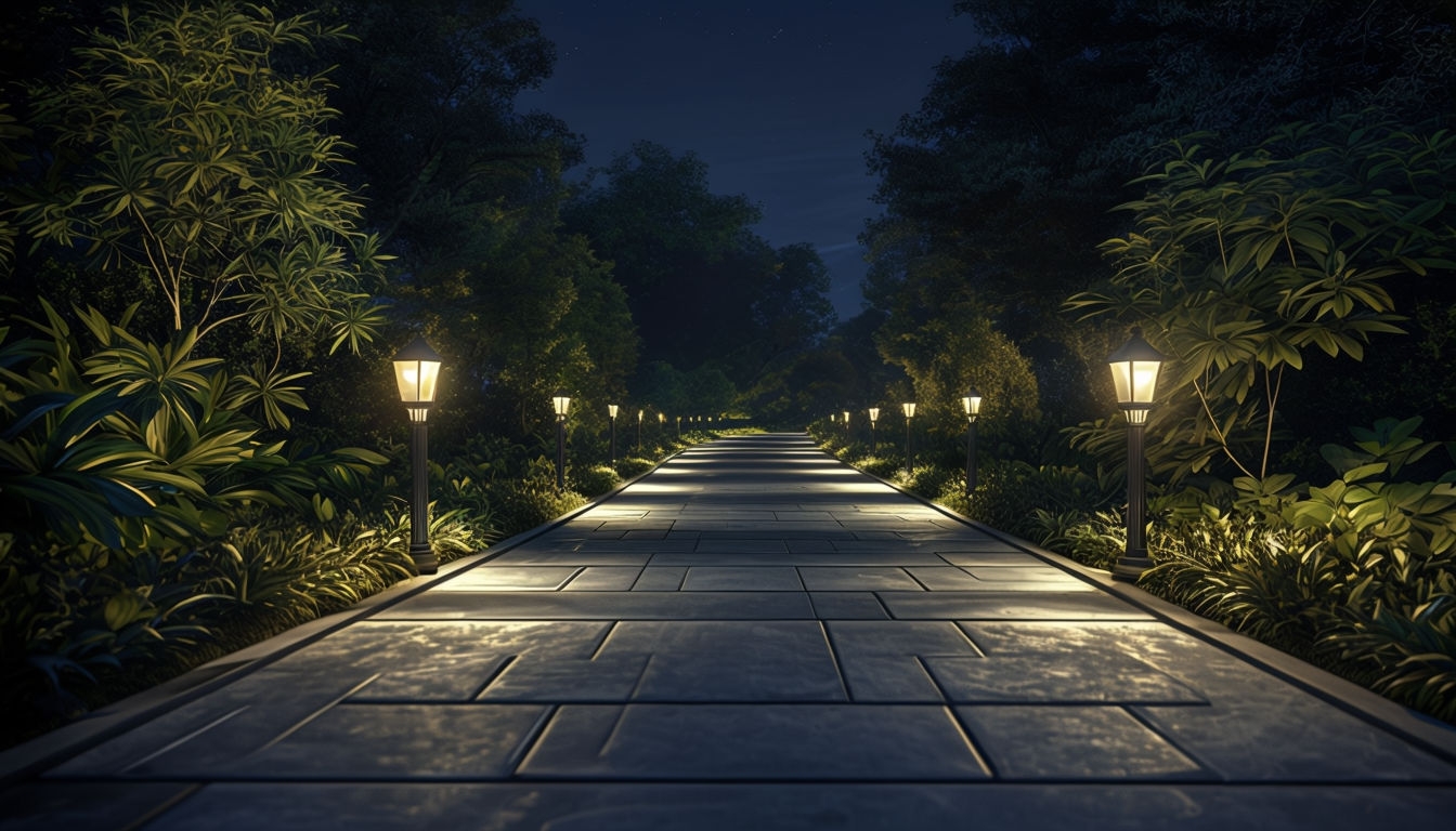 Tranquil Night Garden Pathway with Vintage Lights Virtual Background