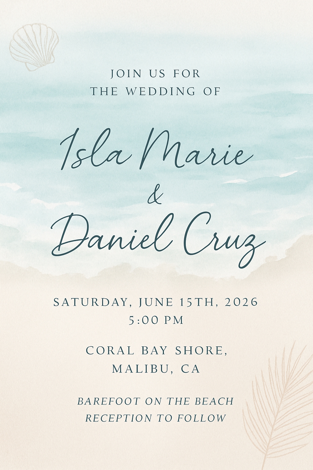 Serene Beach Wedding Invitation Card with Watercolor Textures Cards & Invites