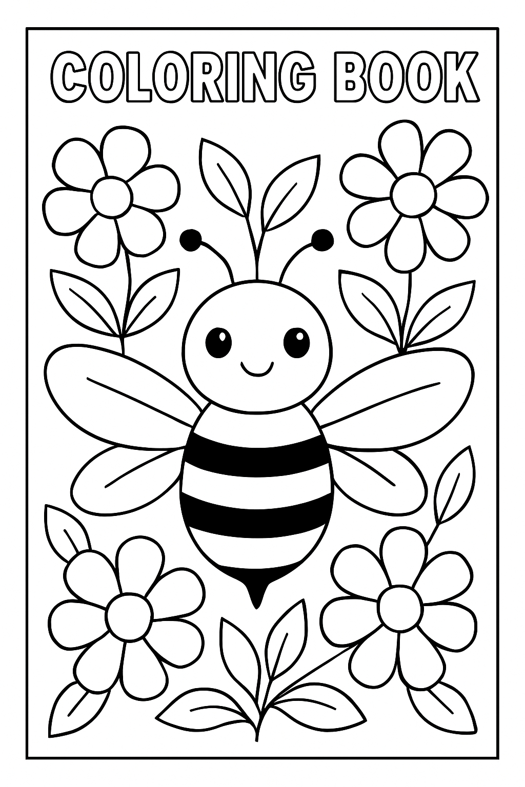Happy Cartoon Bee Surrounded by Flowers Coloring Book Page