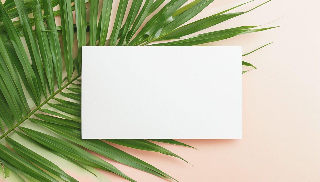 Bright White Rectangular Card on Vibrant Green Palm Leaf Mockup